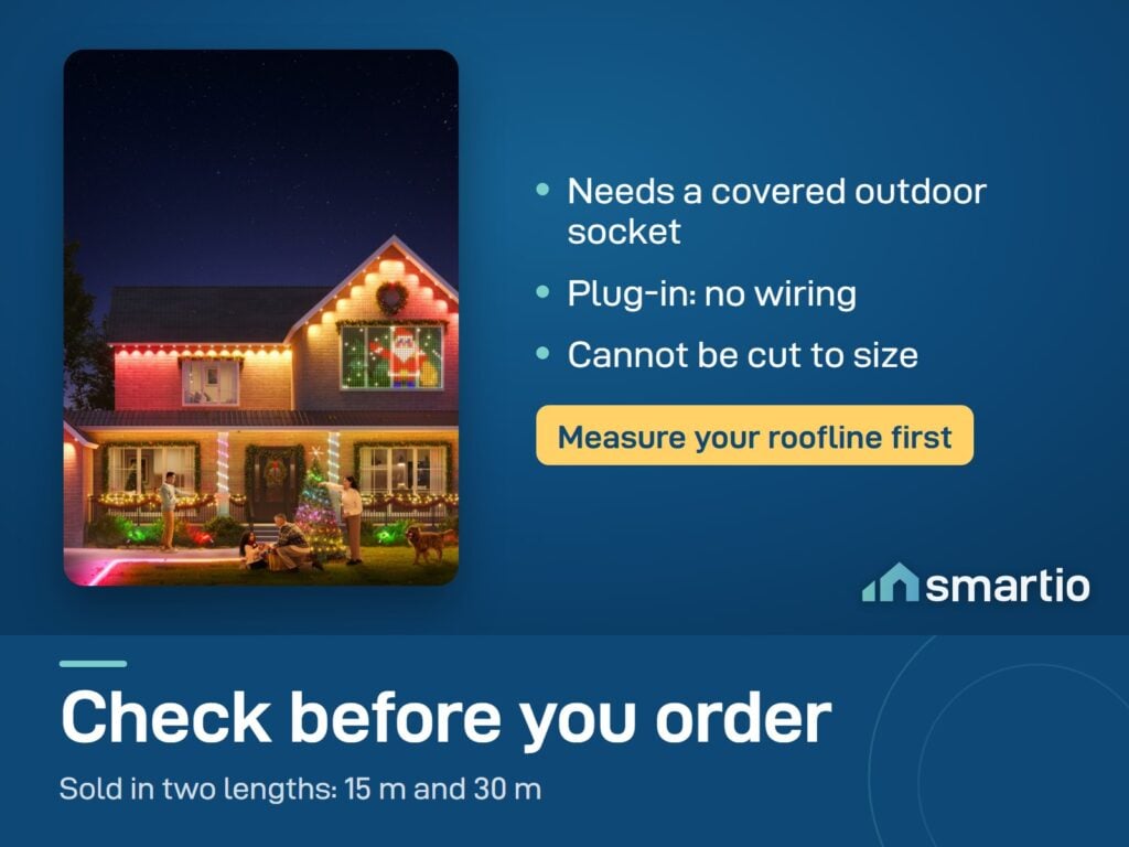 Govee Permanent Outdoor Lights 2 on a house roofline: needs a covered outdoor socket, cannot be cut, 15 m or 30 m