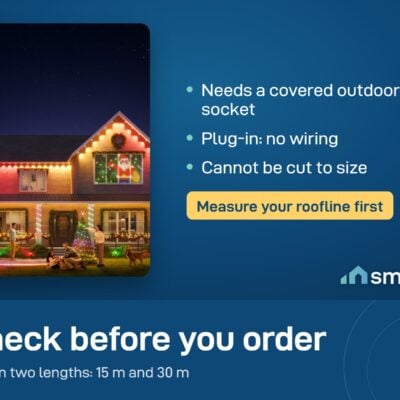 Govee Permanent Outdoor Lights 2 on a house roofline: needs a covered outdoor socket, cannot be cut, 15 m or 30 m