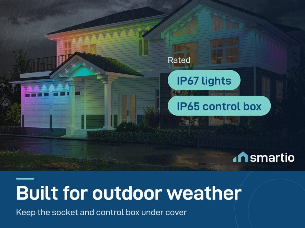 Govee Permanent Outdoor Lights 2 glowing on a house in the rain; lights are IP67, control box IP65