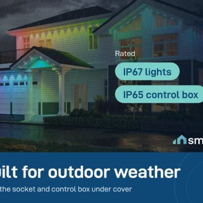 Govee Permanent Outdoor Lights 2 glowing on a house in the rain; lights are IP67, control box IP65