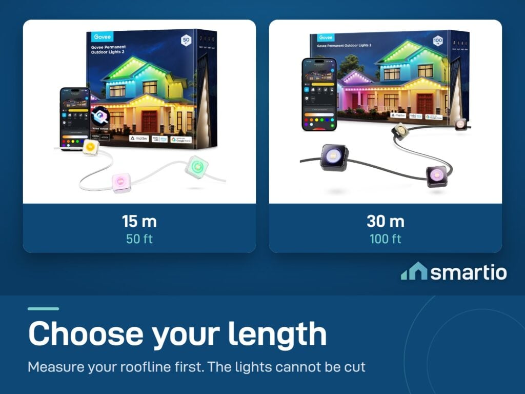 Govee Permanent Outdoor Lights 2 in two lengths, 15 m (50 ft) and 30 m (100 ft), shown as two boxes