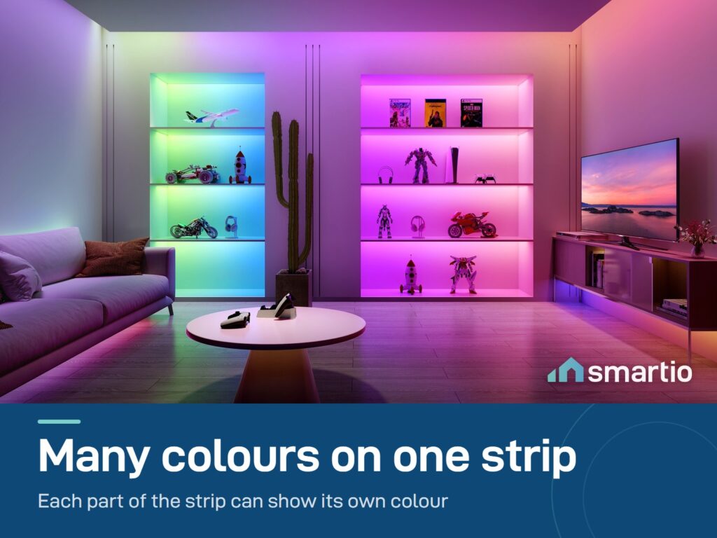 Govee RGBIC Strip Light 2 Pro lighting bookshelves in several colours