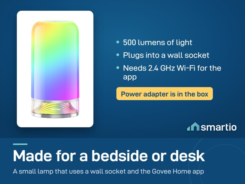 Govee RGBIC Table Lamp 2: 500 lumens, plugs into a wall socket, needs 2.4 GHz Wi-Fi for the app
