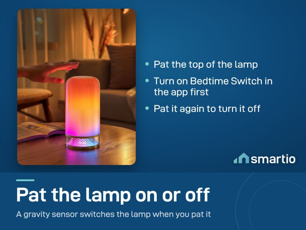 A hand pats the top of the Govee RGBIC Table Lamp 2 to switch it on or off; Bedtime Switch must be on in the app