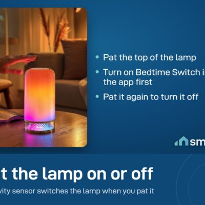A hand pats the top of the Govee RGBIC Table Lamp 2 to switch it on or off; Bedtime Switch must be on in the app
