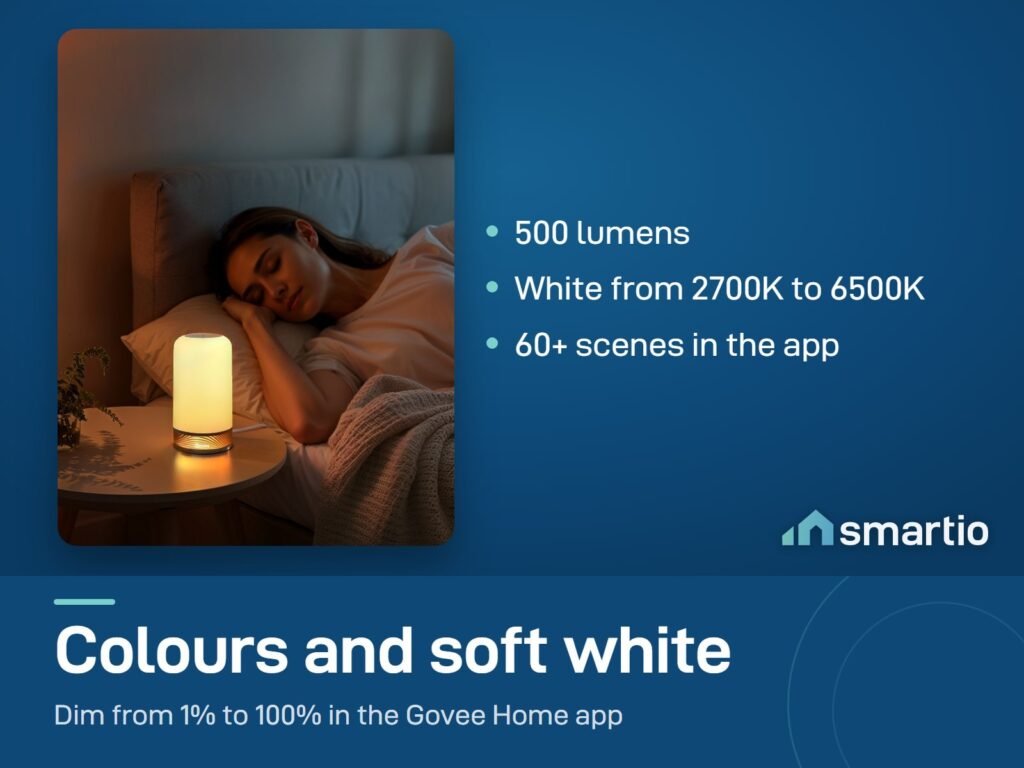 Govee RGBIC Table Lamp 2 giving soft warm white light beside a sleeping woman; white from 2700K to 6500K
