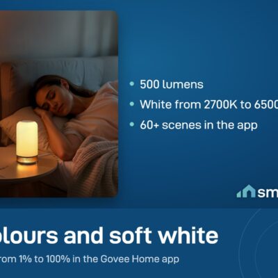 Govee RGBIC Table Lamp 2 giving soft warm white light beside a sleeping woman; white from 2700K to 6500K