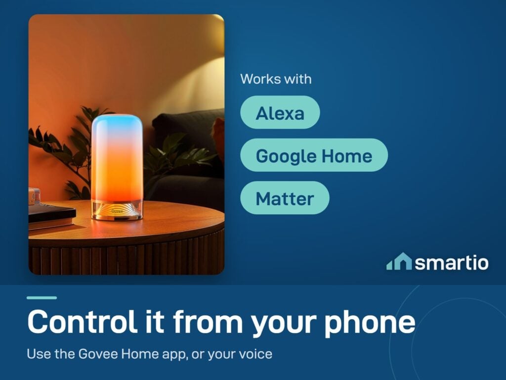 Govee RGBIC Table Lamp 2 on a table; it works with the Govee Home app, Alexa, Google Home and Matter