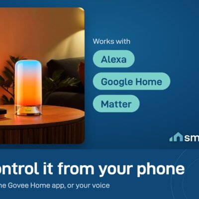 Govee RGBIC Table Lamp 2 on a table; it works with the Govee Home app, Alexa, Google Home and Matter