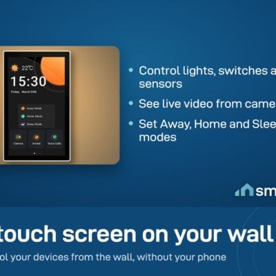 Sonoff NSPanel Pro 120 type touch screen mounted upright on a living room wall, showing Away, Home and Sleep modes