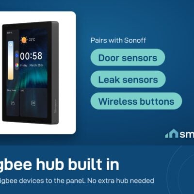 Sonoff NSPanel Pro 120 type has a Zigbee hub built in and pairs with Sonoff door sensors, leak sensors and wireless buttons