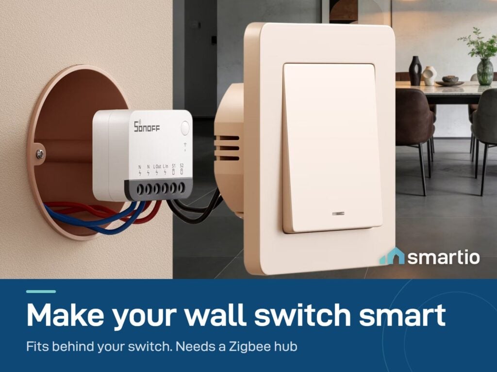 Sonoff ZBMINIR2 module wired behind a wall switch in a dining room, and a Zigbee hub is needed