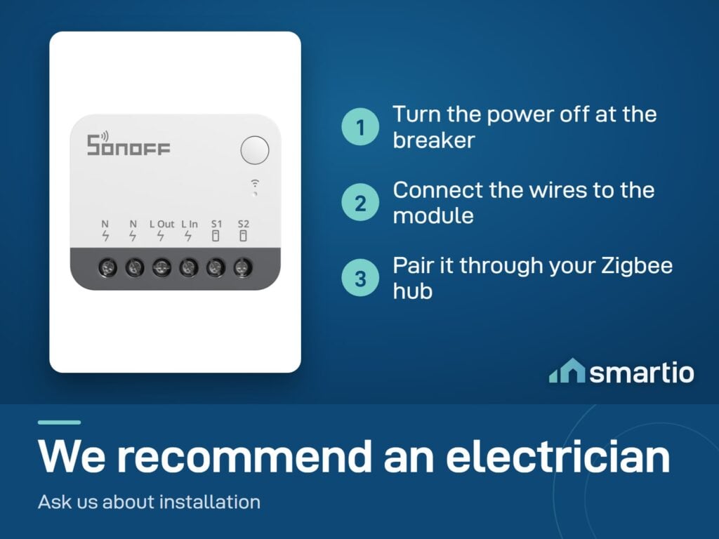 Sonoff ZBMINIR2 install: power off at the breaker, connect the wires, pair through a Zigbee hub. We recommend an electrician