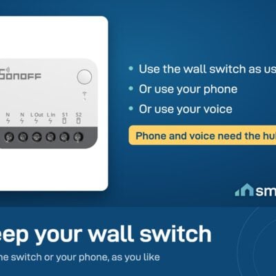 Sonoff ZBMINIR2 behind a wall switch: the wall switch still works, plus phone and voice control through a Zigbee hub