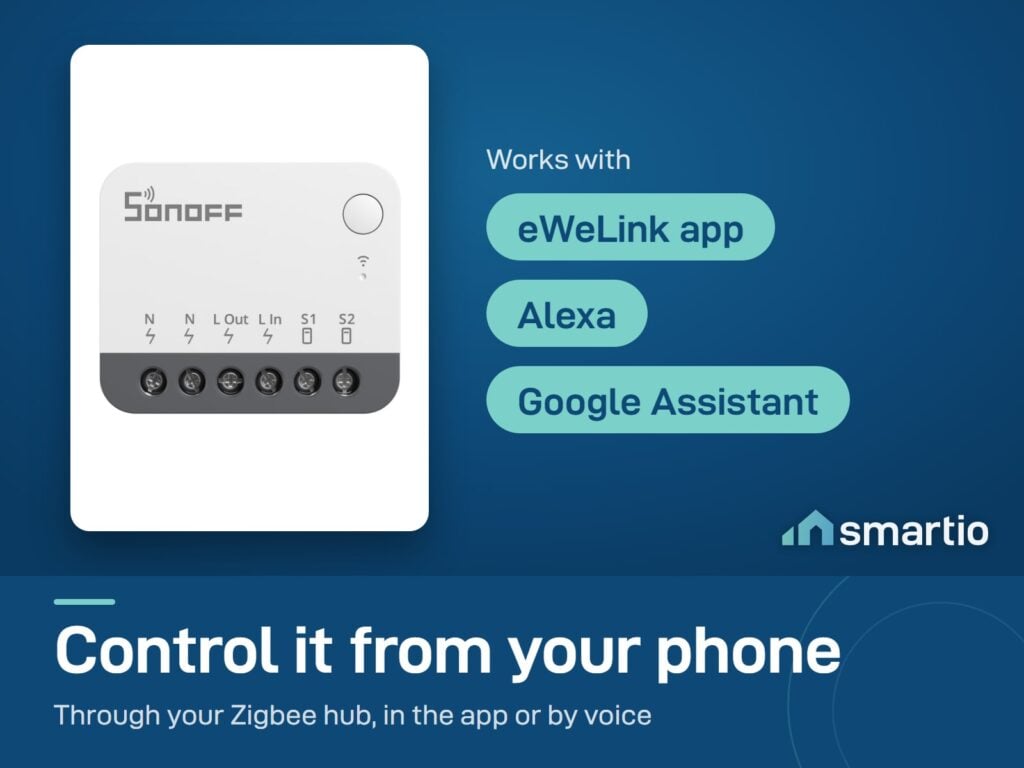 Sonoff ZBMINIR2 is controlled in the eWeLink app through a Zigbee hub, or by voice with Alexa and Google Assistant