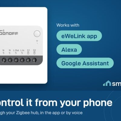 Sonoff ZBMINIR2 is controlled in the eWeLink app through a Zigbee hub, or by voice with Alexa and Google Assistant