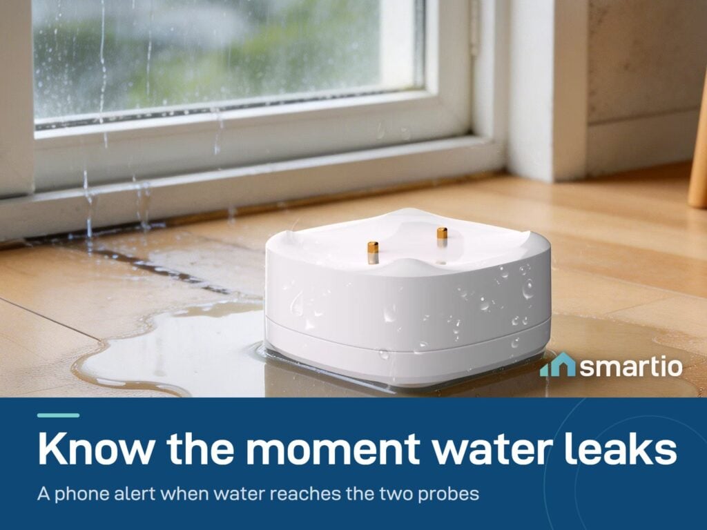 Sonoff SNZB-05P water leak sensor standing on a wet floor next to a window. It needs a Zigbee hub