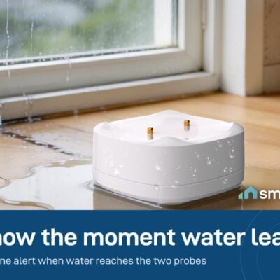 Sonoff SNZB-05P water leak sensor standing on a wet floor next to a window. It needs a Zigbee hub