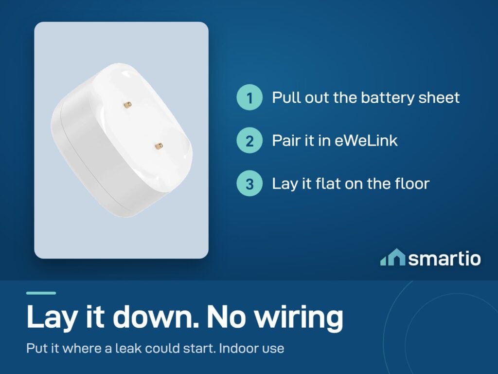 Sonoff SNZB-05P setup: pull out the battery sheet, pair in eWeLink, lay it flat on the floor. Indoor use