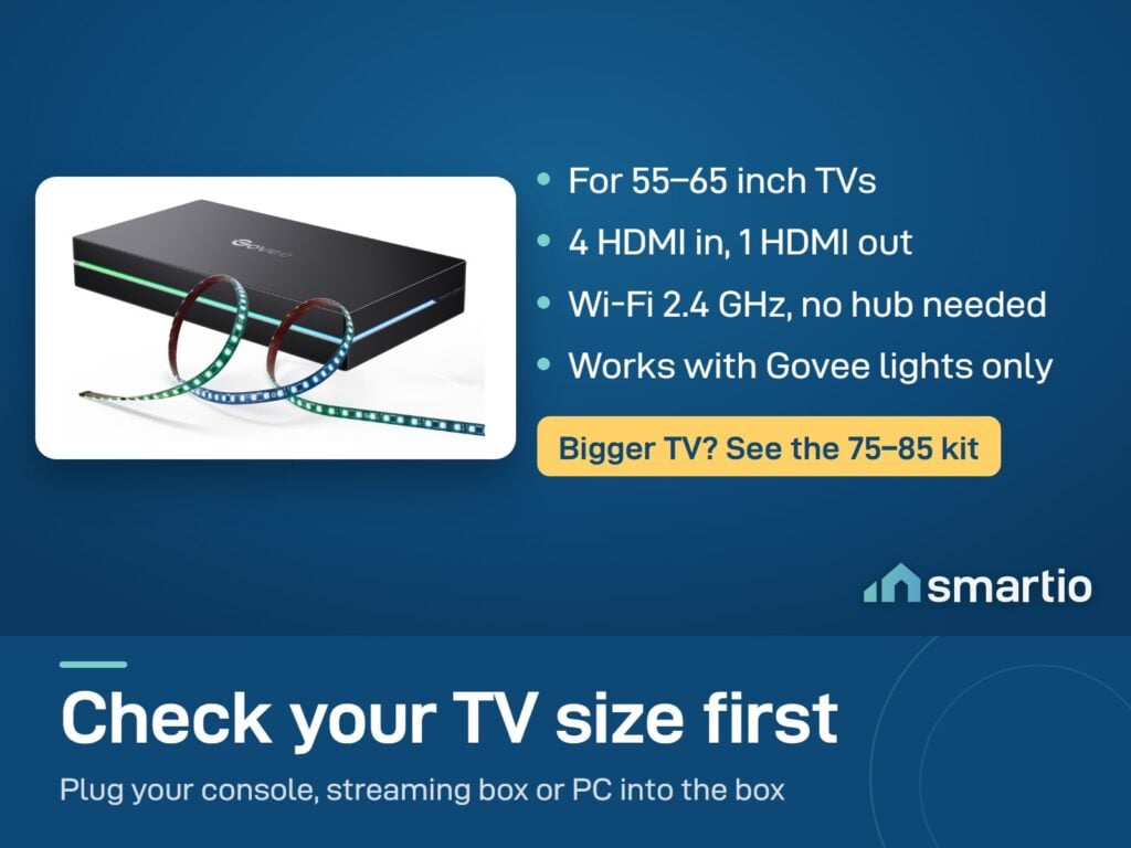 Govee Sync Box 2 (55-65 inch): 4 HDMI in, 1 out, Wi-Fi 2.4 GHz, no hub, works with Govee lights only