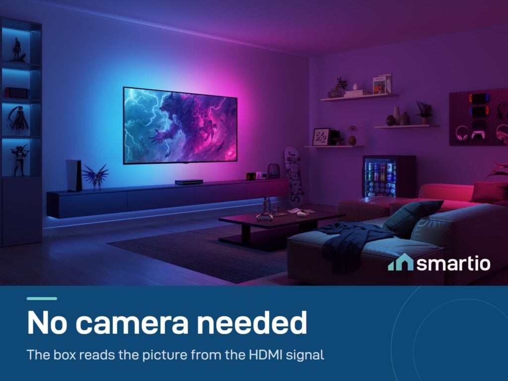 Govee Sync Box 2 (55-65 inch) lighting a living room wall in pink and blue with no camera in front of the TV