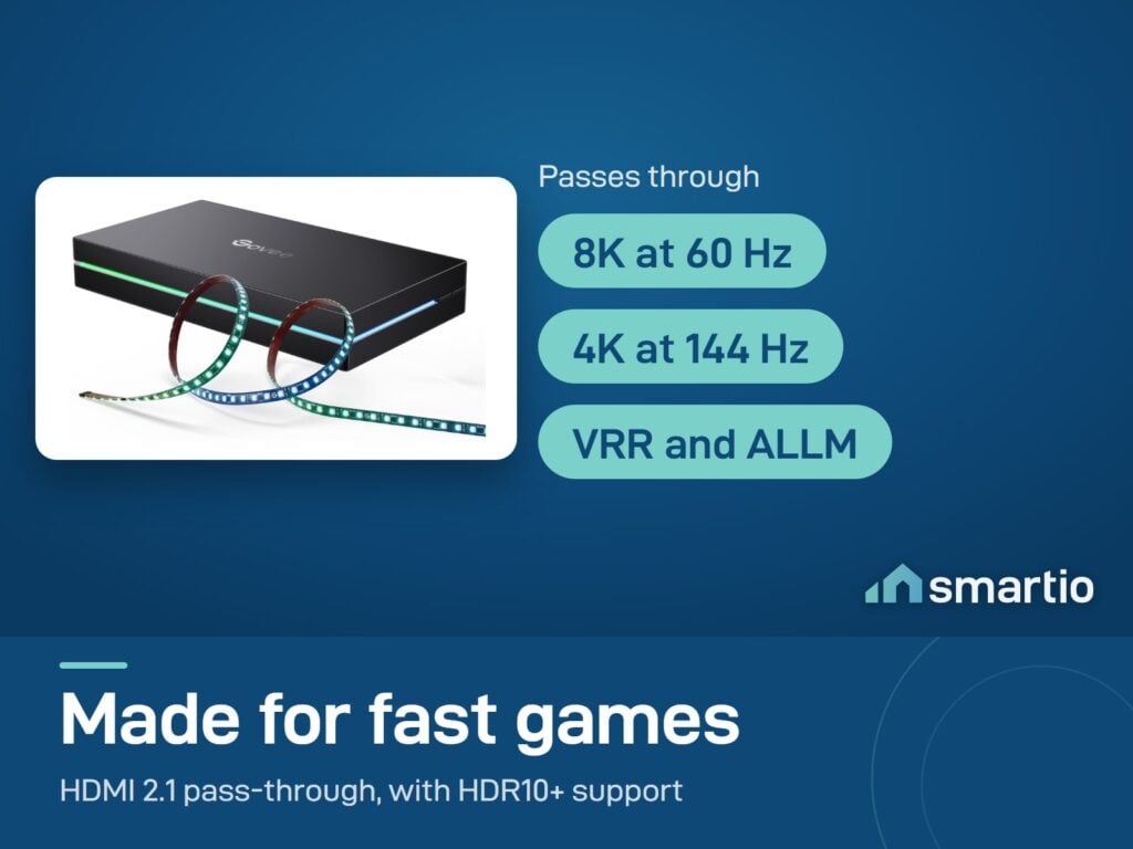 Govee Sync Box 2 (55-65 inch) has HDMI 2.1 pass-through for 8K at 60 Hz, 4K at 144 Hz, VRR and ALLM