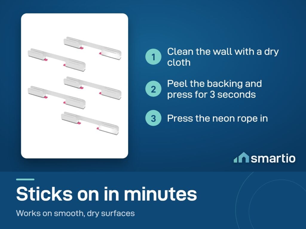 Govee neon accessory install: clean the wall, peel the backing and press for 3 seconds, press the neon rope in