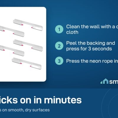 Govee neon accessory install: clean the wall, peel the backing and press for 3 seconds, press the neon rope in