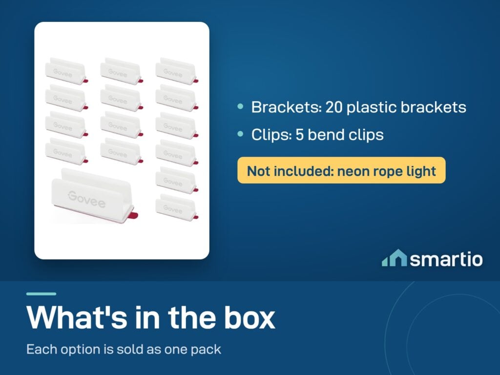 What is in the Govee Neon Rope Light 2 accessory packs: 20 plastic brackets or 5 bend clips. Neon rope not included