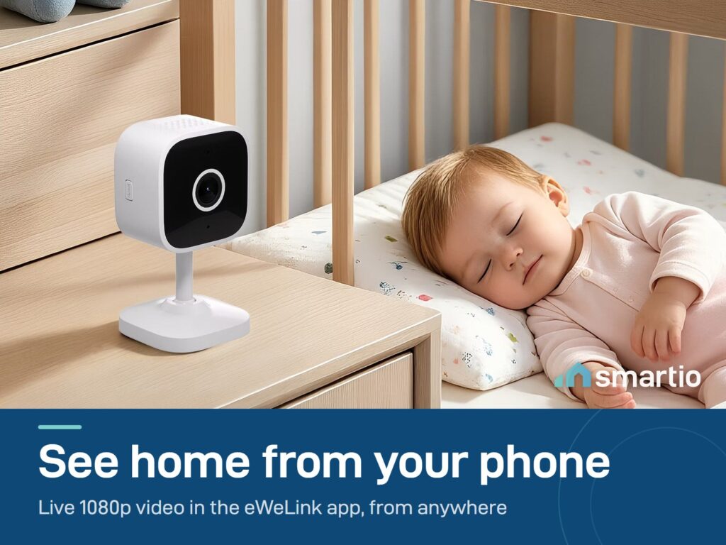 Sonoff CAM Slim Gen2 camera on a bedside table watching a sleeping baby