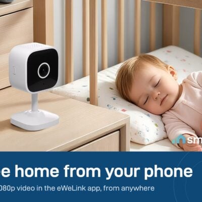 Sonoff CAM Slim Gen2 camera on a bedside table watching a sleeping baby