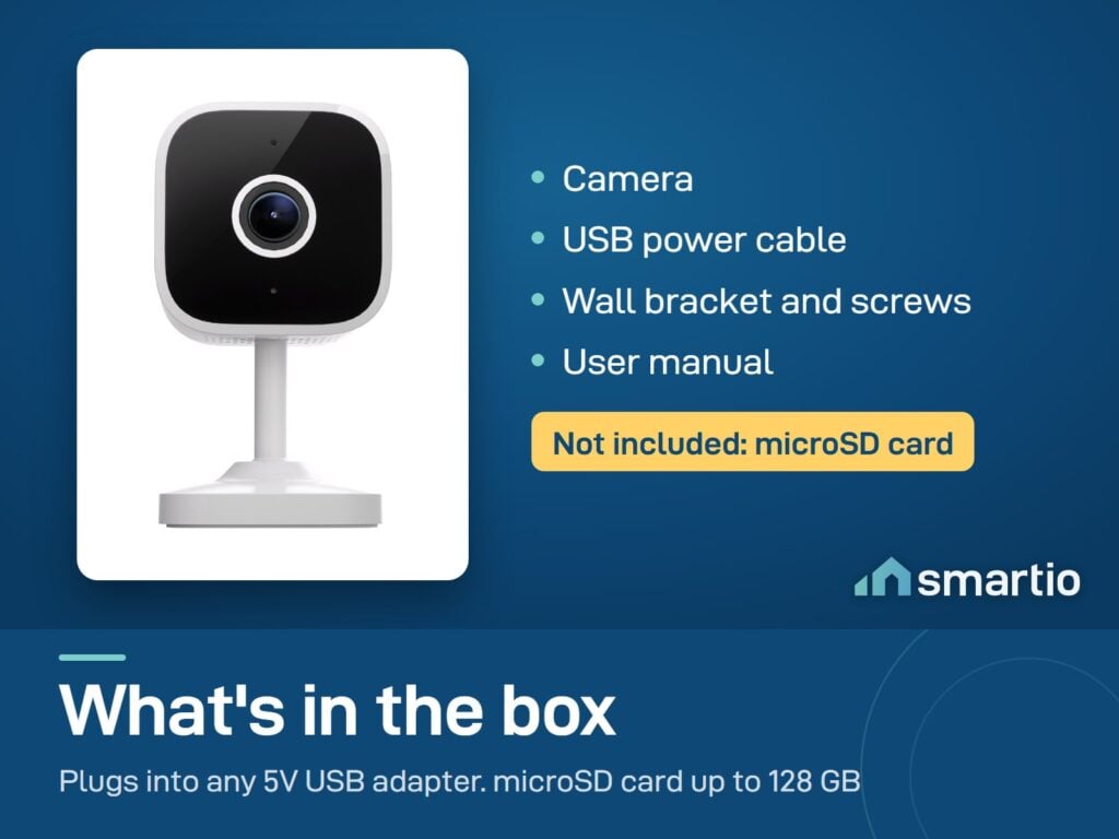 What's in the Sonoff CAM Slim Gen2 box: camera, USB power cable, wall bracket and screws, manual. Uses a 5V USB adapter. microSD card not included