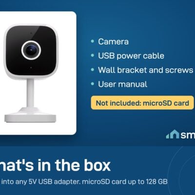 What's in the Sonoff CAM Slim Gen2 box: camera, USB power cable, wall bracket and screws, manual. Uses a 5V USB adapter. microSD card not included