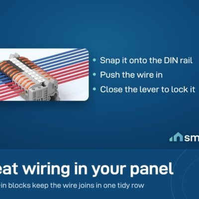 Sonoff DIN rail wire connectors with blue and red wires locked in the levers on a DIN rail