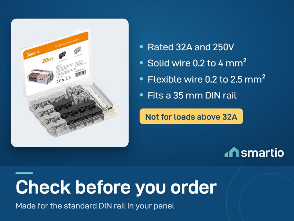 Sonoff DIN rail wire connectors kit: rated 32A and 250V, wire up to 4 mm², 35 mm DIN rail