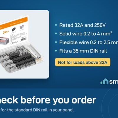 Sonoff DIN rail wire connectors kit: rated 32A and 250V, wire up to 4 mm², 35 mm DIN rail