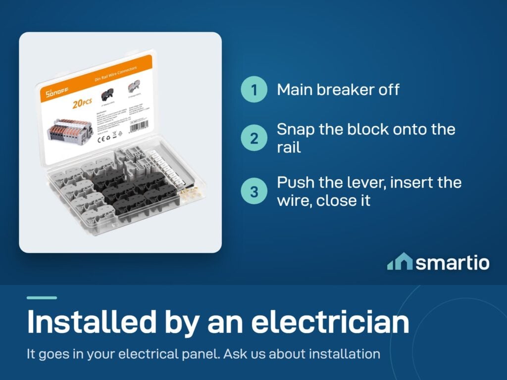 Sonoff DIN rail wire connectors install: main breaker off, snap the block onto the rail, lever up, wire in, lever down