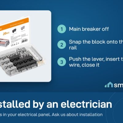 Sonoff DIN rail wire connectors install: main breaker off, snap the block onto the rail, lever up, wire in, lever down