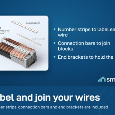 Sonoff DIN rail terminal block kit with number marker strips, a connection bar and end brackets beside a row of blocks