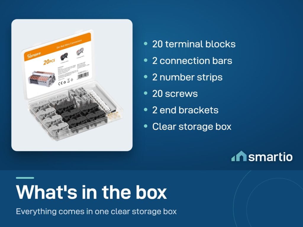 Sonoff DIN rail wire connectors box: 20 terminal blocks, 2 connection bars, 2 number strips, 20 screws, 2 end brackets, box
