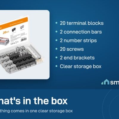 Sonoff DIN rail wire connectors box: 20 terminal blocks, 2 connection bars, 2 number strips, 20 screws, 2 end brackets, box