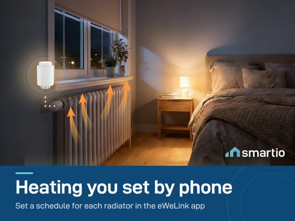 Sonoff Zigbee thermostatic radiator valve on a radiator in a warm bedroom; it needs a Zigbee hub