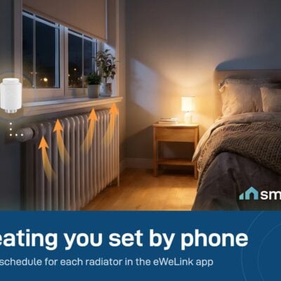 Sonoff Zigbee thermostatic radiator valve on a radiator in a warm bedroom; it needs a Zigbee hub