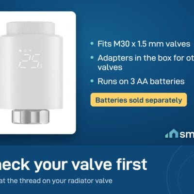 Sonoff Zigbee radiator valve fits M30 x 1.5 mm valves, with adapters in the box, and takes 3 AA batteries