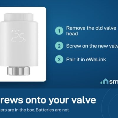 Sonoff Zigbee radiator valve setup: remove the old valve head, screw on the new one, pair in eWeLink