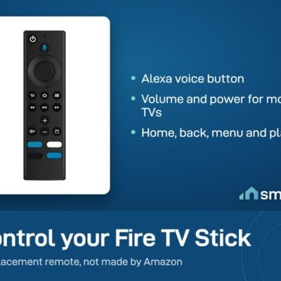 Fire TV Stick Replacement Remote with a voice button, volume and power buttons. It is not made by Amazon