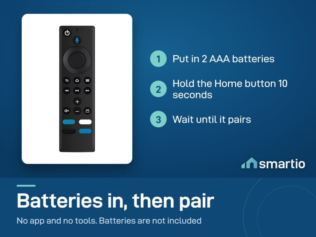 Fire TV Stick Replacement Remote pairing: put in 2 AAA batteries, hold the Home button 10 seconds, wait until it pairs