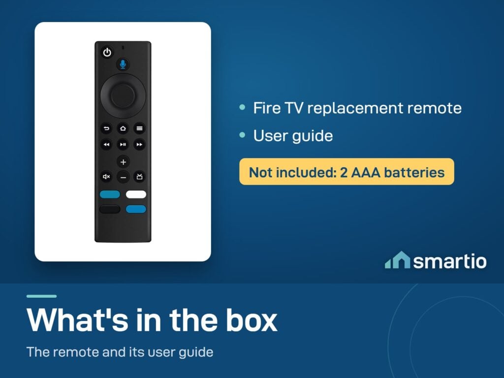 What's in the Fire TV Stick Replacement Remote box: the remote and a user guide. 2 AAA batteries not included