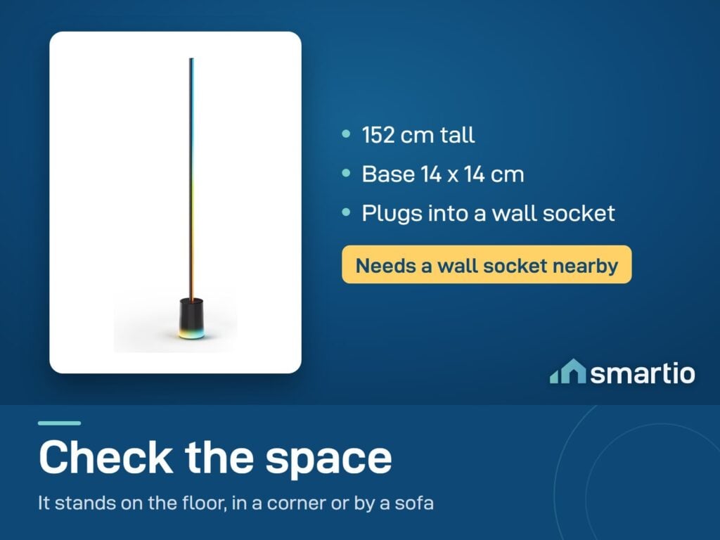 Govee Floor Lamp 2 size: 152 cm tall, base 14 by 14 cm, plugs into a wall socket