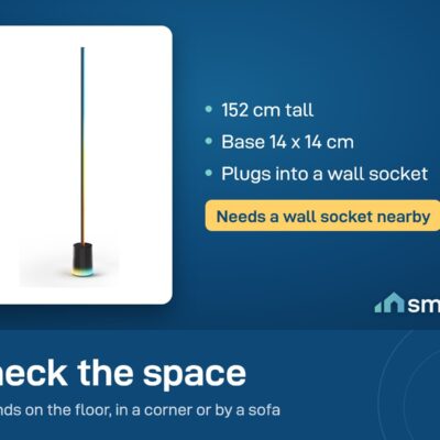 Govee Floor Lamp 2 size: 152 cm tall, base 14 by 14 cm, plugs into a wall socket